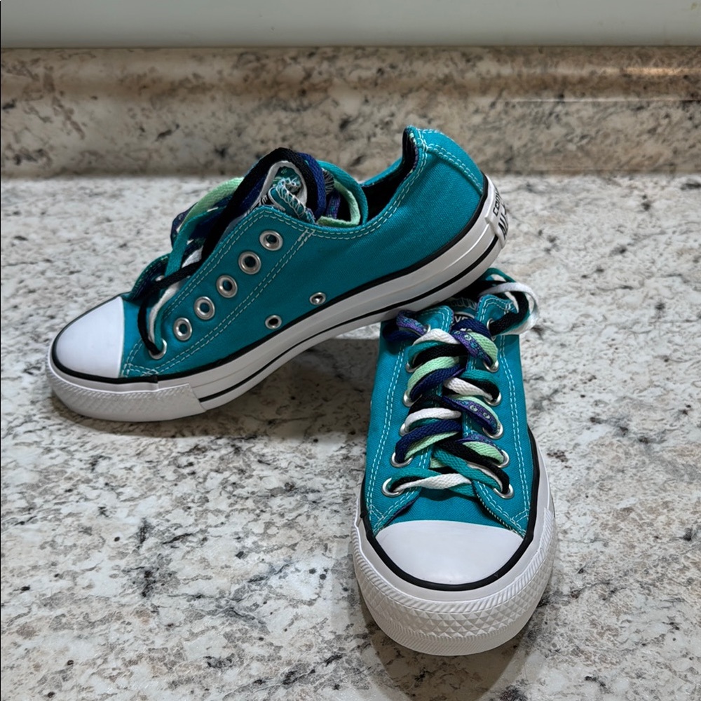 Converse All Stars Low Multi-Lace Skull Theme Mediterranean Teal Blue size 7W.
